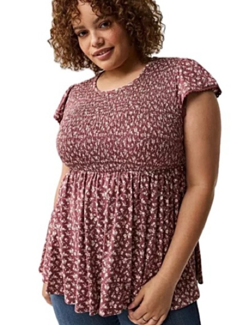 TORRID Sz 2 Smocked Mauve Pink And Cream Ditsy Floral Top Flutter Sleeve EUC
